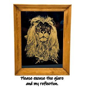 Vintage Stamford Art Mirrored Golden Lion Framed Picture 11" x 14" Black & Gold